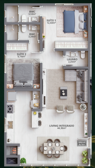 Planta do apartamento de 2 suítes do Grand Trianon Residence