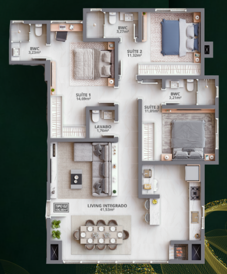 Planta do apartamento de 3 suítes do Grand Trianon Residence